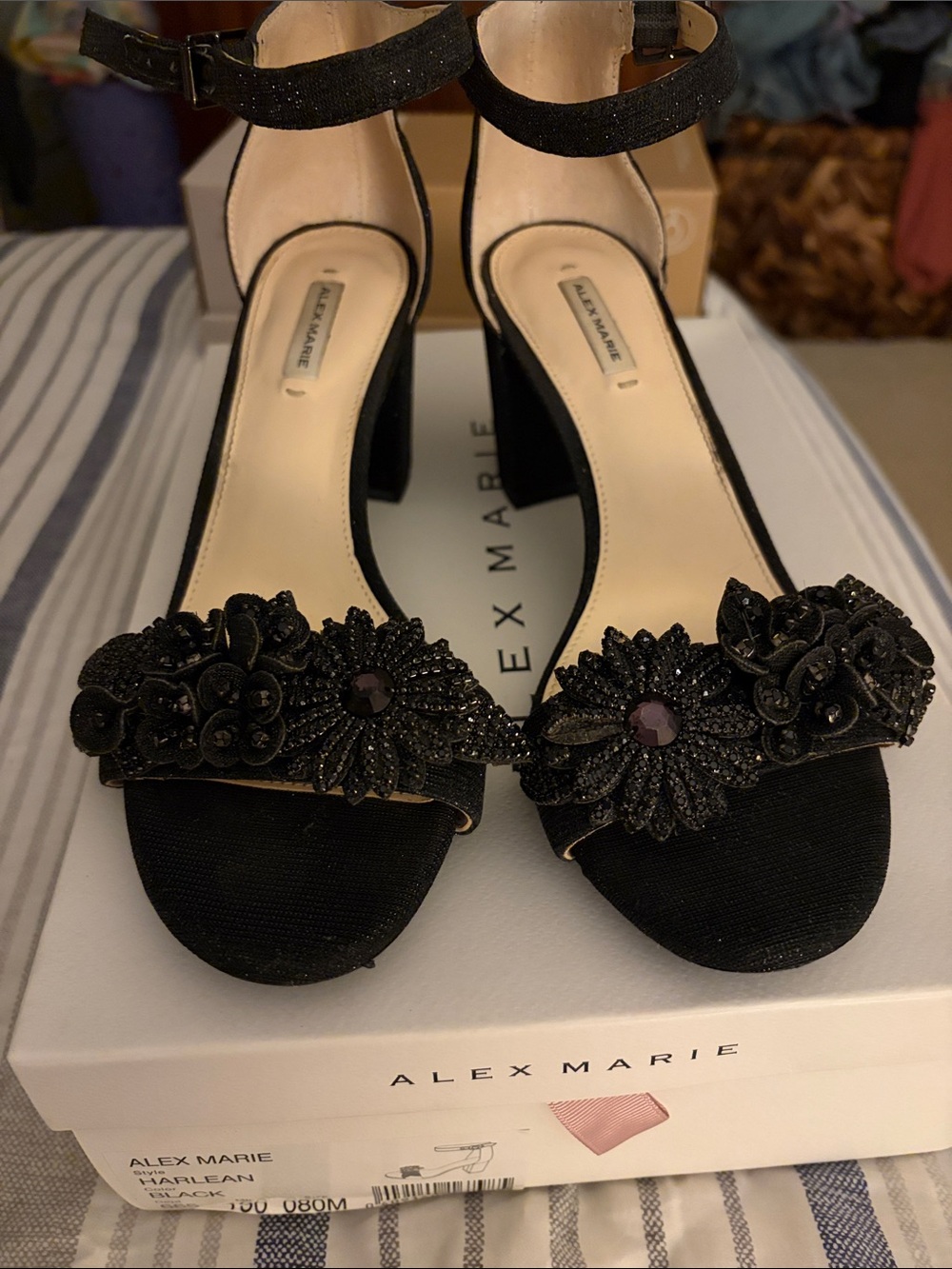 Alex Marie Black Floral Embellished Ankle-Strap Heels